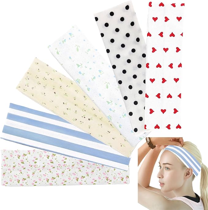 6 Pcs Anti-Slip Elastic Headbands for Women Soft Fabric Yoga Sweatbands with Floral Heart Print Stretchy, Sweat-Absorbent and Lightweight for Fitness, Running and Daily Wear
