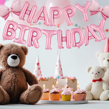 16 Inch Pink Happy Birthday Balloons Letters Banner & 2PCS Mini Bow Balloons - Image 3