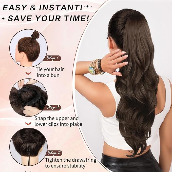 Brown Ponytail Extension, Drawstring Ponytail Extension for Women Long Brown Wavy Layered Pony Tails Hair Extensions 26 Inch Synthetic Clip in Ponytail Hairpiece for Women(Medium Brown)