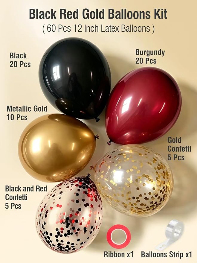 Black Burgundy Gold balloons 60 Pcs Maroon Red Black Metallic Gold Latex - Image 3