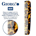 Giorgio G31 Fine Tooth Comb and Wide Tooth Hair Comb, Hair Styling Comb for Men, Grooming Hair Combs for Women, Mens Beard Care Combs for Detangling and Styling, Handmade Saw-Cut and Hand Polished