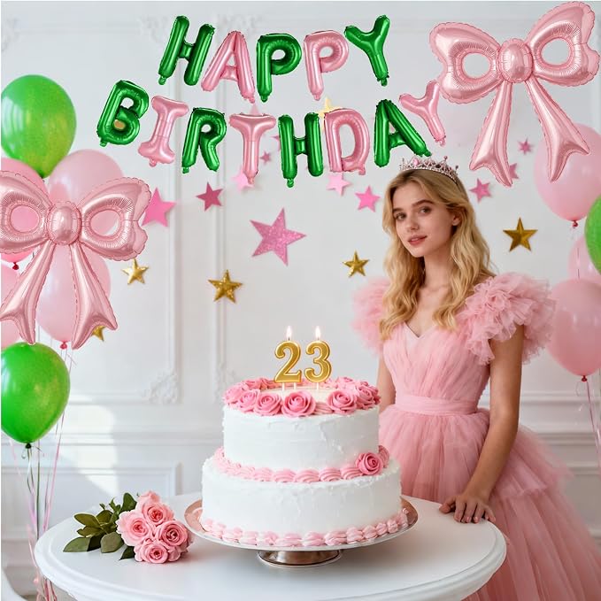 Pink and Green Happy Birthday Balloons, 31”Huge Pink Bow Aluminum Foil Balloons - Image 5