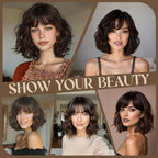 MISSQUEEN Brown Wavy Wigs With Bangs Curly Short Bob Wigs for Women for Heat Resistant Fiber Synthetic Colorful Wig for Daily Party Cosplay Chrismas Halloween Used