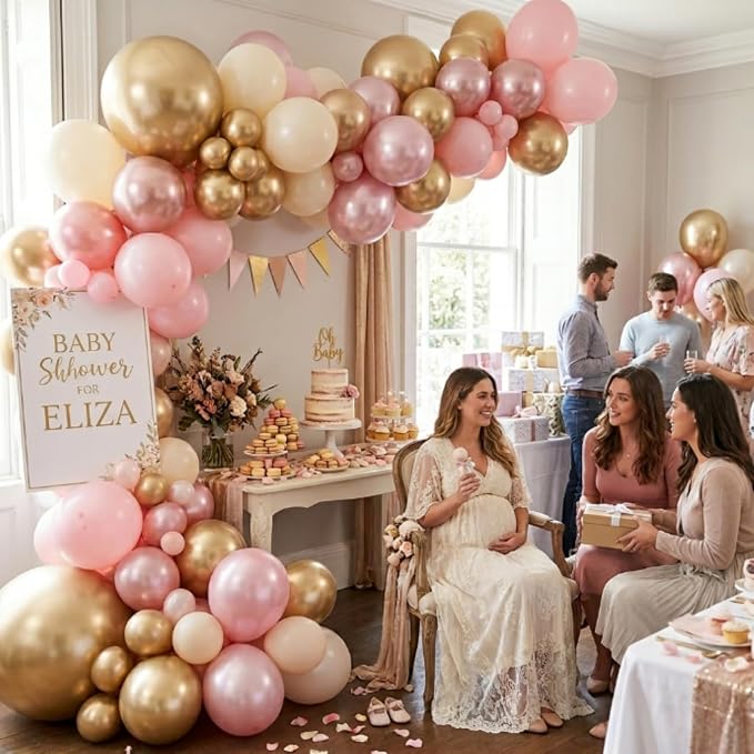 Pink and Gold Balloons, 12 Inch Double Stuffed Pearl Light Baby Pink and - Image 8
