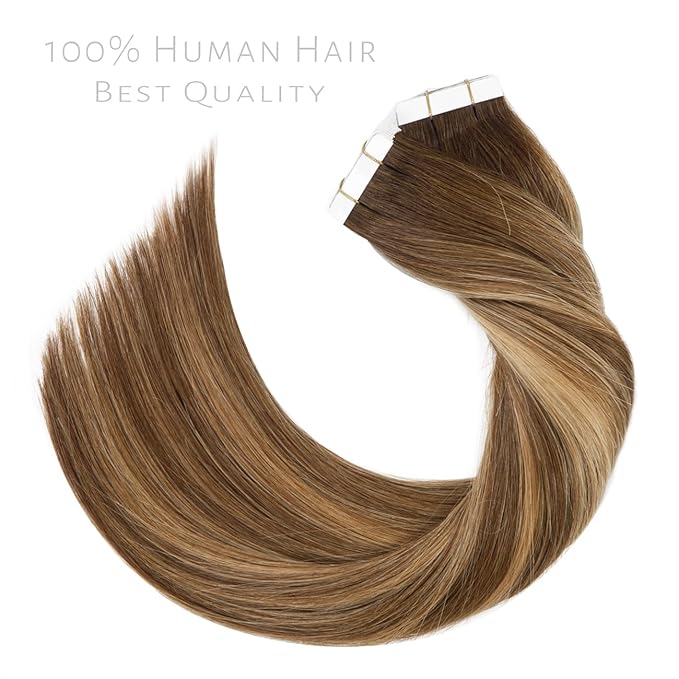 Lacer Tape in Hair Extensions Real Human Hair 20 Pieces 50 Grams Chocolate Brown to Strawberry Blonde Highlights with Chocolate Brown Roots R#4-4/27 22 Inches