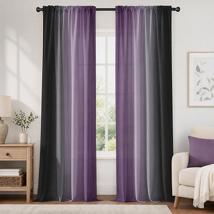 Purple and Black Curtains for Living Room 84 Inch Length Ombre Curtains 2 Panel by XFLINGBAO
