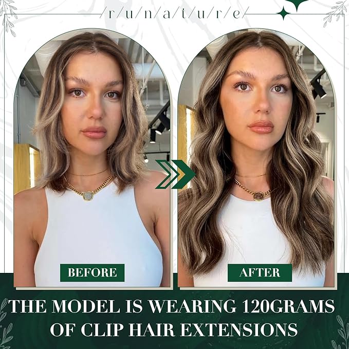 RUNATURE Clip in Hair Extensions 20 Inch 50g 3pcs Dark Brown Highlight Light Brown Human Hair Extensions Clip Ins Long Natural Remy Hair Extensions Thick Ends
