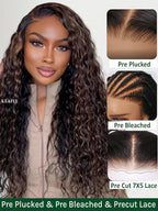 KLAIYI Golden Brown Water Wave Bye Bye Knots Glueless Wig Human Hair Highlight 7x5 Precut Lace Front Pre Plucked Bleached Ombre 3S Ready to Wear Go Beginners Wig with Dark Roots Deep Curly Wave 16Inch