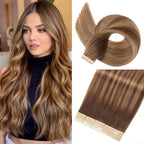 Tape in Hair Extensions Human Hair Chocolate Brown to Caramel Blonde Hair Extensions 18 Inch 20pcs Remy Straight Human Hair Tape in Extensions Skin Weft Tape Extensions Human Hair