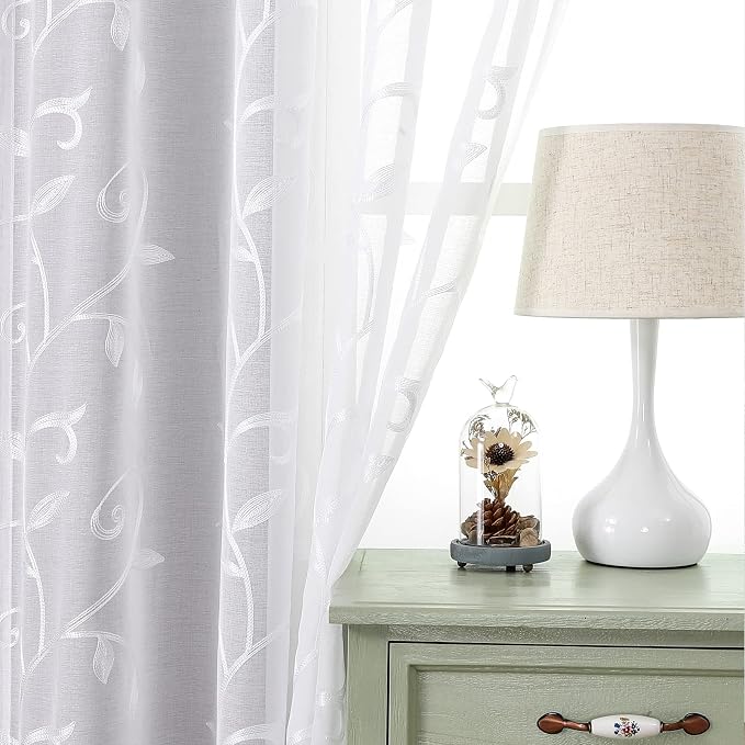 White Sheer Curtains Embroidered Leaves 2 Panels 54Wx84L | Light Filtering - Image 7
