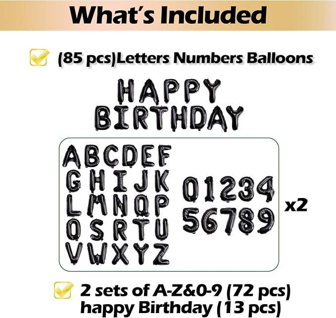 16" Black Letter Number Balloons, Happy Birthday & 2 Sets of A-Z 0-9, Foil - Image 2