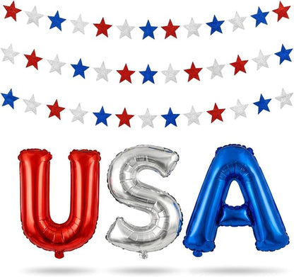 USA Independence Day Banner Garland – Red White and Blue 18 Inch Foil Letter by Broeify