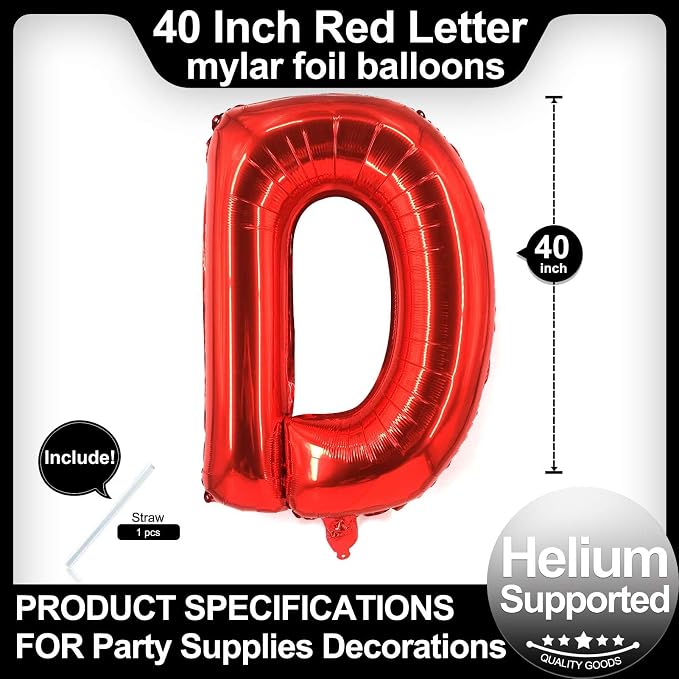 40 Inch Red Letter D Balloons, DIY Phrase Foil Alphabet Letter D Balloons DIY - Image 2