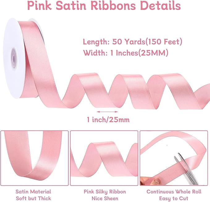 woric Pink Satin Ribbon 1 Inch x 50 Yards Pink Bow | Single-sided Polyester - Image 2