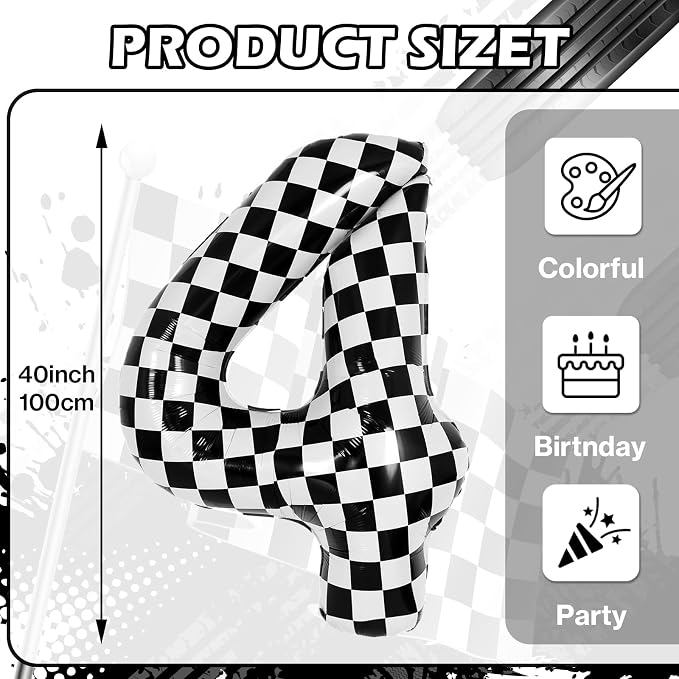 40 Inch Checkered 4 Balloons, Boys Girls Racing Car Track Theme Supplies - Image 2