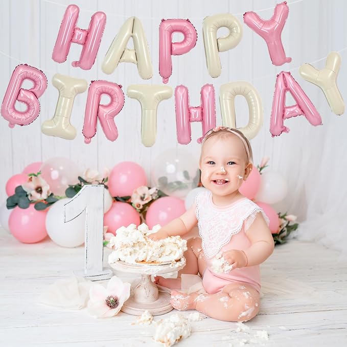 TONIFUL 16 Inch Cream White Pink Happy Birthday Balloons Banner Decorations | - Image 3