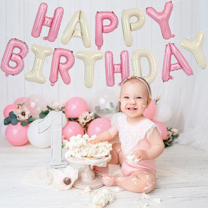 TONIFUL 16 Inch Cream White Pink Happy Birthday Balloons Banner Decorations | - Image 3