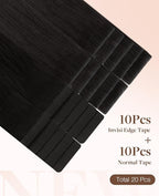 GOO GOO Invisi Edge Tape in Hair Extensions Human Hair, 1B Natural black 10pcs injected with 10pcs classical tape ins, 14inch 50g, Virgin Remy Hair, Natural Look