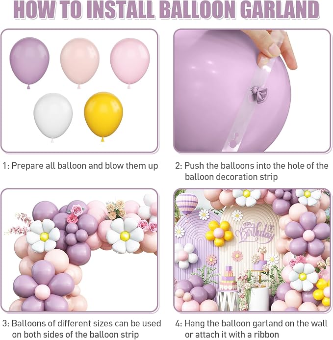 Daisy Balloon Garland Arch Kit, Retro Purple Yellow Pink Hippie Boho Balloons - Image 6