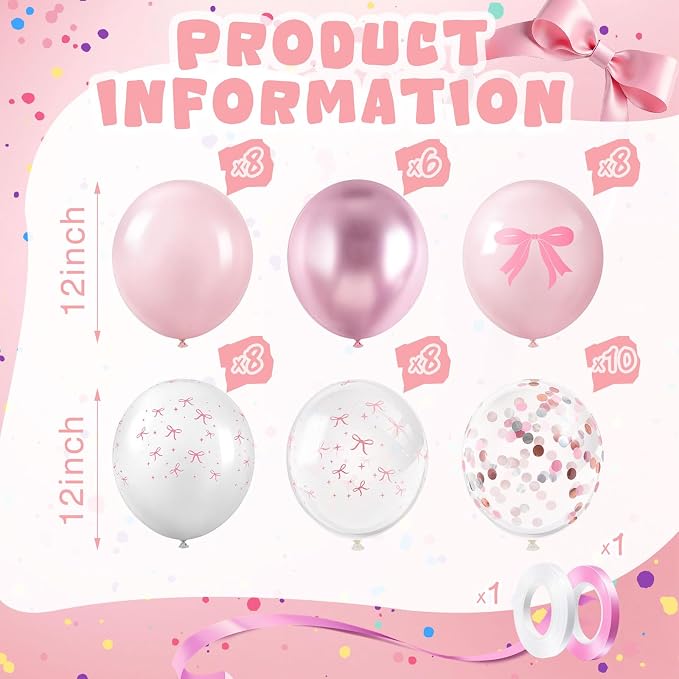 Civaner 48 Pcs Pink Bow Balloons Bulk 12 Inches Light Metallic Pink Clear White - Image 2