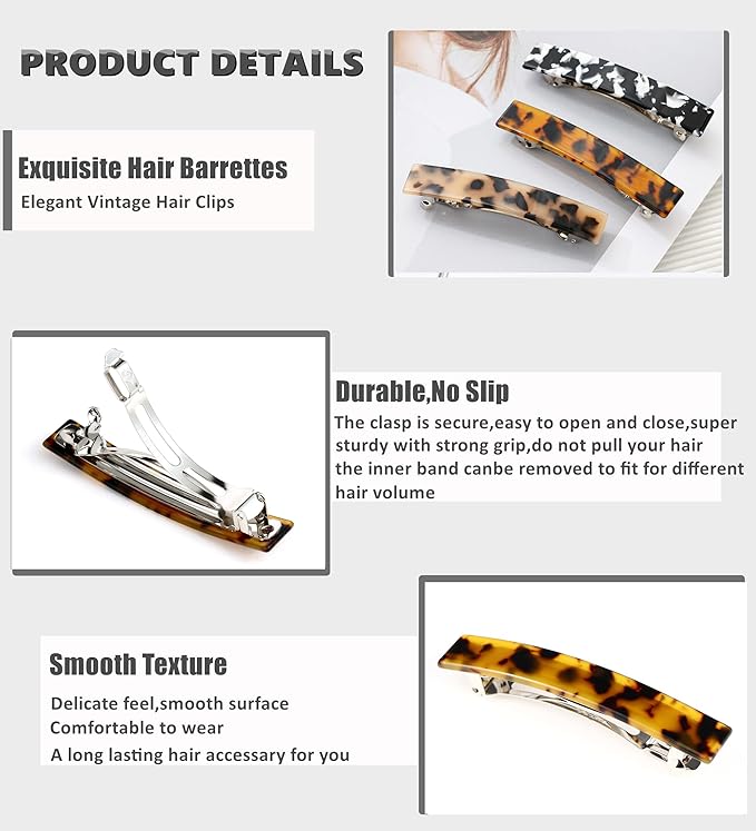 2 Pcs Hair Barrettes for Women Medium French Design Barrette clips Acetate Tortoise Shell Hair Clips for Thin Fine Hair
