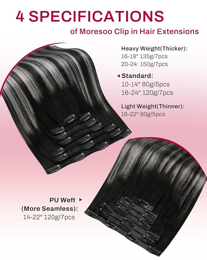 Moresoo Black And Grey Clip in Hair Extensions Ombre Natural Black to Silver Grey Hair Extensions Real Human Hair Clip ins Short Remy Straight 80g/5pcs 10 inch