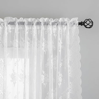 Kotile White Vintage Sheer Lace Curtains Rustic Floral 42x54 Inch, 2 Panels | - Image 3