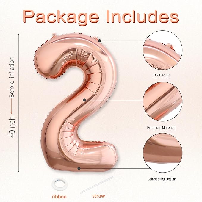 40 Inch Rose Gold Number 2 Balloon, Giant Number Balloons, Birthday Decor | - Image 3