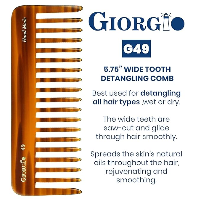Giorgio G49 Large 5.75 Inch Hair Detangling Comb, Wide Teeth for Thick Curly Wavy Hair. Long Hairs Detangler Comb For Wet and Dry. Handmade of Cellulose, Saw-Cut, Hand Polished, Tortoise Shell 6 Pack