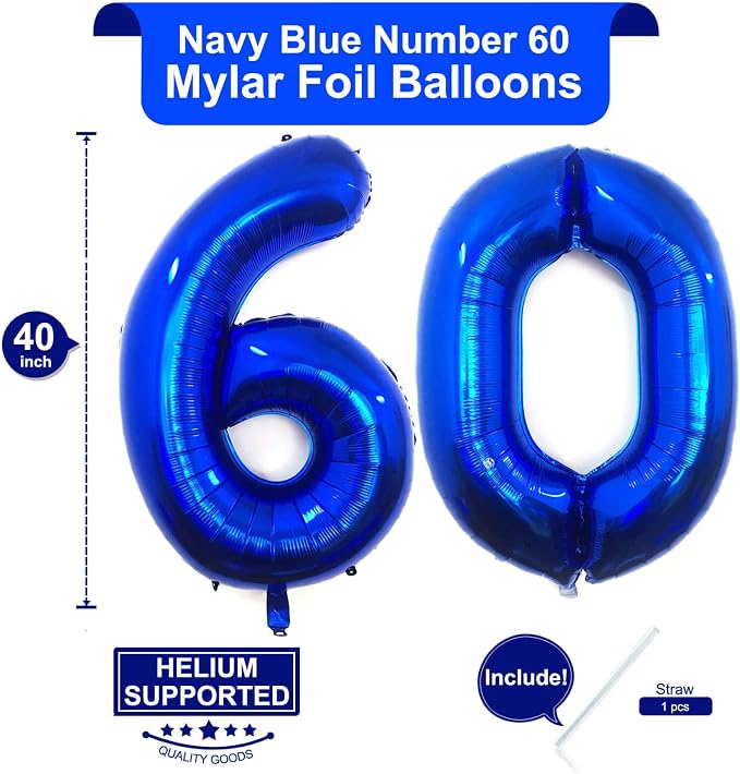40 Inch Navy Blue 60 Number Balloons Giant Jumbo Huge 60 Foil Mylar Helium - Image 2