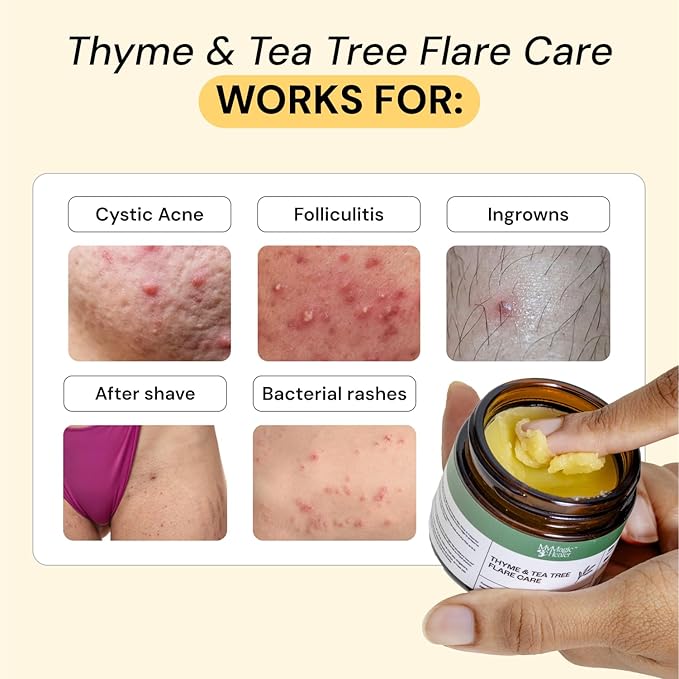 MyMagicHealer Thyme & Tea Tree Flare Care | Ingrown Hair, Razor Bumps, Cystic Acne, Blind Pimples, Bartholin, Pilonidal Cysts | Folliculitis Cure | Piercing Care w/Egg Yolk Extract & Tea Tree 2 oz