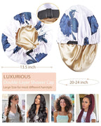 Large Shower Caps for Women Reusable Waterproof Satin Lined Shower Cap with Adjustable Band Double Layer Design Luxury Washable Bath Hair Bonnet (Blue Flower)