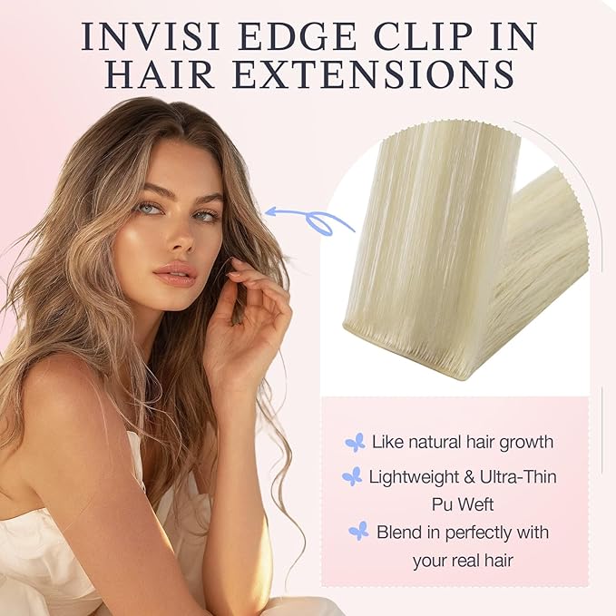 DOORES Clip in Hair Extensions Real Human Hair 16 inch 120g 7pcs Invisible Human Hair Extensions Clip ins, Injected Seamless PU Clipins Invisi Edge, 17/60 Ash Blonde Highlighted Platinum Blonde