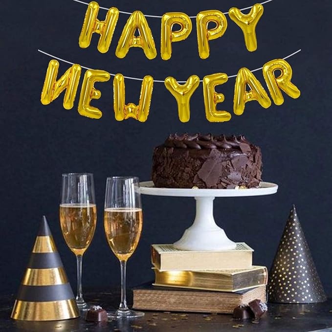 TONIFUL Gold Happy New Year Balloons 16 Inches Mylar Foil Letter Sign Banner - Image 5