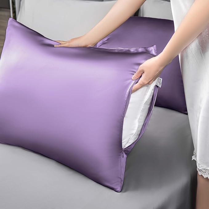Mulberry Silk Pillowcase for Hair and Skin,Standard Size Cooling Silk Pillow Case with Hidden Zipper,Allergen Proof Dual Sides Soft Breathable Smooth Silk Pillow Cover for Women(Standard,Violet)