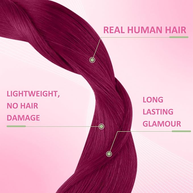YoungSee Tape in Hair Extensions Real Human Hair Magenta Human Hair Extensions Tape in Color 20In Hair Extensions Tape-in Magenta for Girls Party Highlights 10pcs 25g
