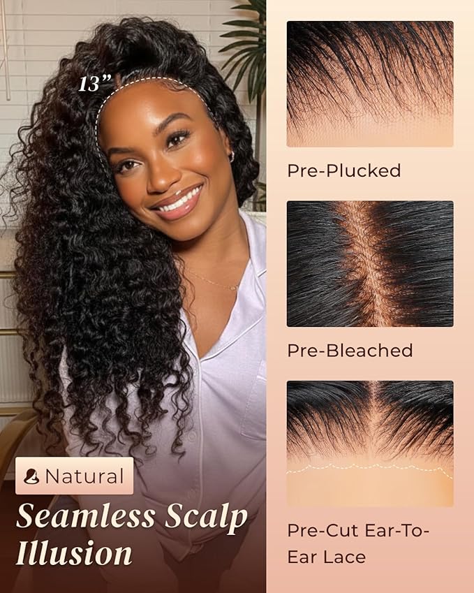 Arabella 13x6 Lace Front Wigs Human Hair 210% Density Glueless Wigs Human Hair 100% Curly Wave Human Hair Wigs 12A Pre Plucked Pre-Bleached Pre-Cut Glueless Wig (26inch,13x6 deep curly wig)