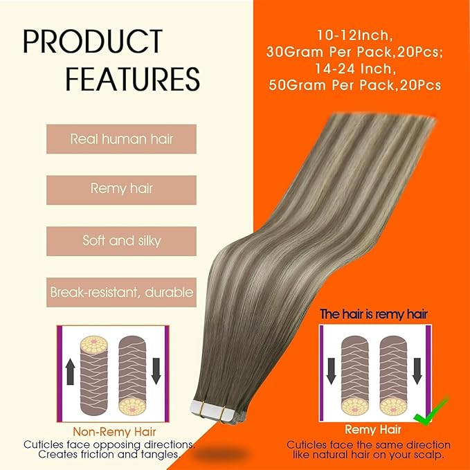 Full Shine Brown And Blonde Tape in Extensions Human Hair Color 7/1000/7 Ombre Tape in Hair Extensions 14Inch Hair Extensions Real Human Hair 50Gram Remy Seamless Extension 20Pcs Natural Straight Hair