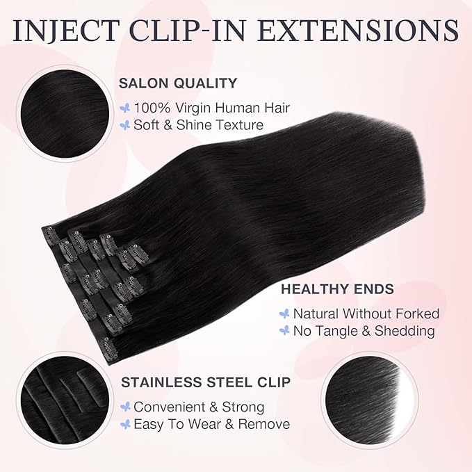 DOORES Hair Extensions Real Human Clip in 18 inch 130g 7pcs Invisi Edge, Seamless Clip in Hair Extensions Invisible Clipins Virgin Injected Skin Weft, 1 Jet Black