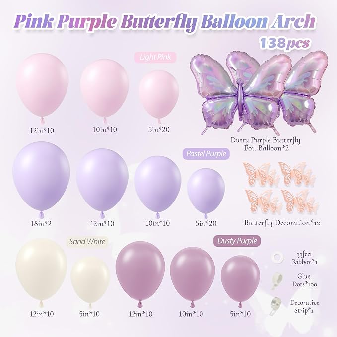 128pcs Pink Purple Butterfly Balloon Arch - Image 2