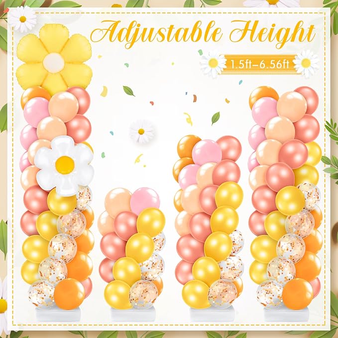 Kasyat 2 Sets Groovy Balloon Column Stand Kit Boho Daisy Macaron Pink Yellow - Image 5
