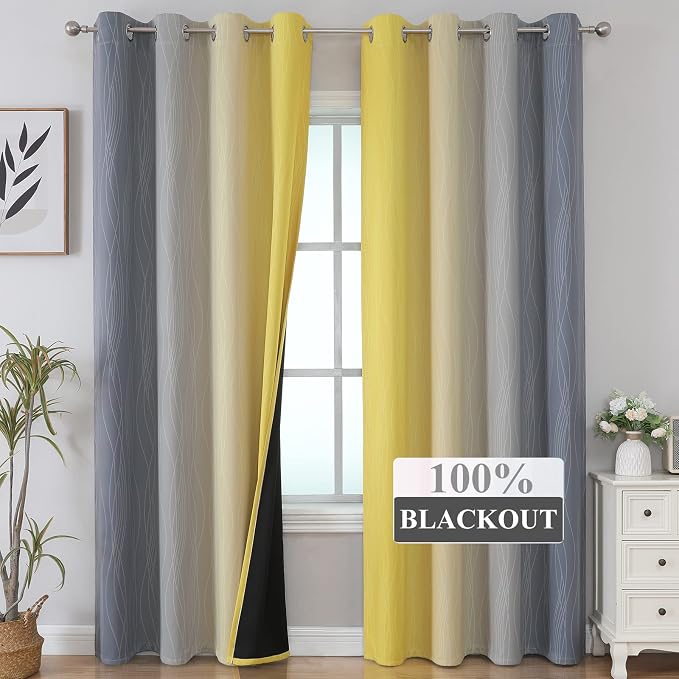 Yellow and Gray Blackout Curtains 96 Inches Long, Ombre Thermal Insulated - Image 2