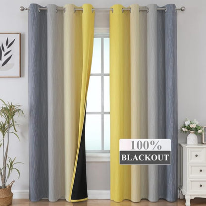 Yellow and Gray Blackout Curtains 96 Inches Long, Ombre Thermal Insulated - Image 2