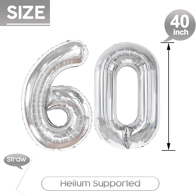 60 Balloon - Silver Birthday Number Balloons, 40 Inch Decorations Men Women | - Image 5