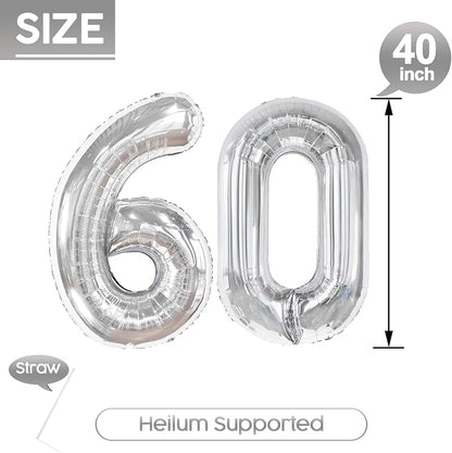 60 Balloon - Silver Birthday Number Balloons, 40 Inch Decorations Men Women | - Image 5