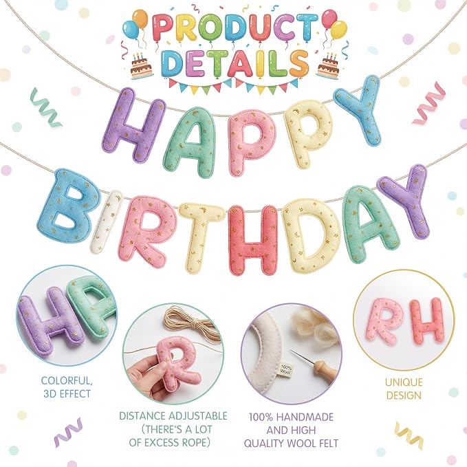 Felt Happy Birthday Garland Rainbow Banner Reusable Happy Birthday Sign Party - Image 4