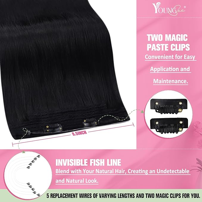 YoungSee 135G Wire Hair Extensions Jet Black Hair Wire Long Black Fish Line Hair Extensions Human Hair Easy to Wear 24inch