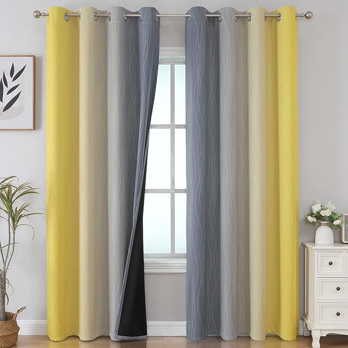 Yellow and Grey Ombre Blackout Curtains 90 Inch Length 2 Panels Set, Thermal by ESTELARTEXTILER