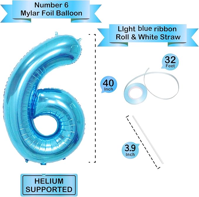 40 Inch Blue Number Balloons, Helium Mylar Foil Number Balloons - Image 3
