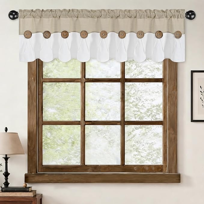 Farmhouse Valance Curtains, Boho Cotton Linen Kitchen Valance, Rustic Button - Image 8